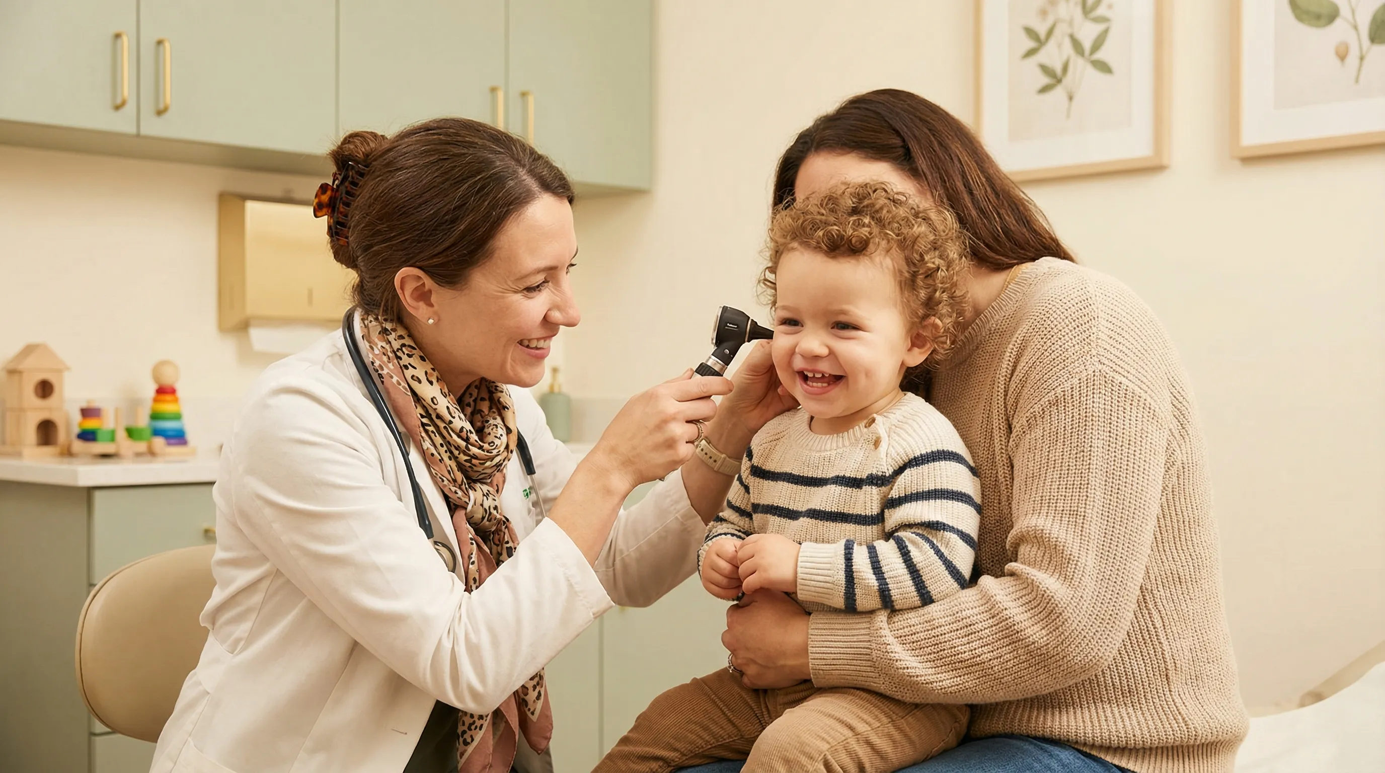 Doctor gently examining a happy toddler